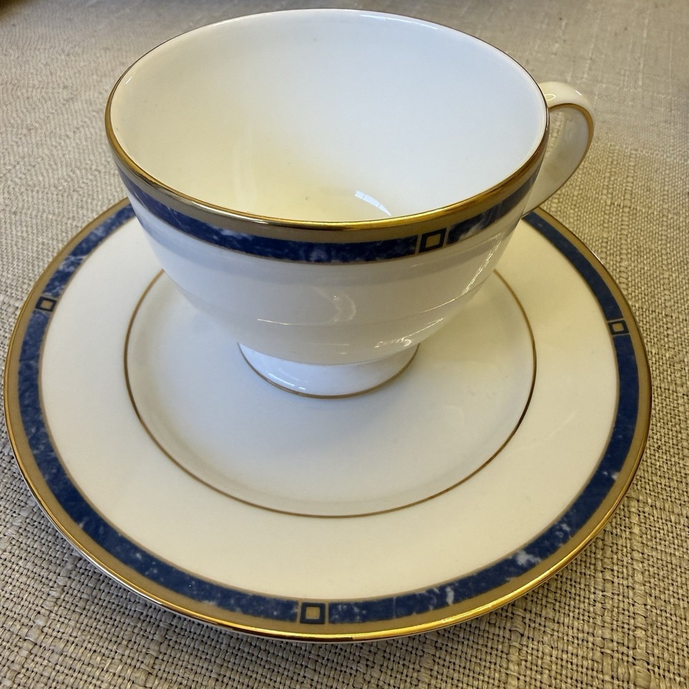 Vintage Wedgwood Cantata Footed Cup and Saucer Set Blue Marble Gold Trim 1993